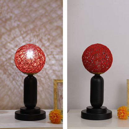 Contemporary Scandinavian Iron Glass Rattan Ball 1-Light Table Lamp For Bedside
