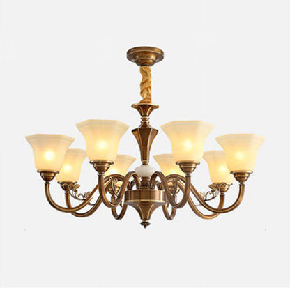 Traditional Rustic Copper Iron Glass Marble Column Bell Frosted 3/6/8/10/15 Light Chandeliers For Living Room