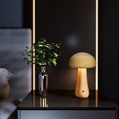 Contemporary Scandinavian Rechargeable Solid Wood Mushroom LED Table Lamp Night Light For Bedside