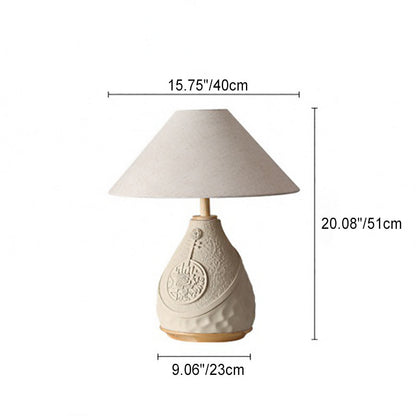 Traditional Vintage Cement Fabric Conic Flower Carved Pot 1-Light Table Lamp For Bedside