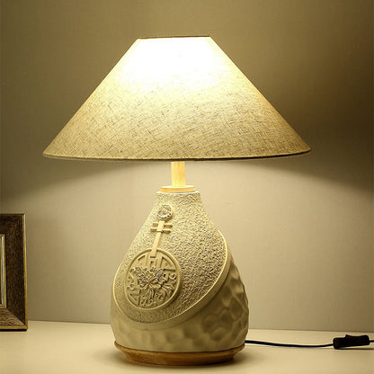Traditional Vintage Cement Fabric Conic Flower Carved Pot 1-Light Table Lamp For Bedside