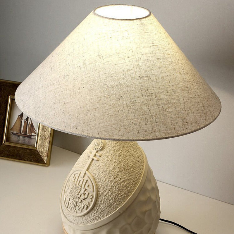 Traditional Vintage Cement Fabric Conic Flower Carved Pot 1-Light Table Lamp For Bedside