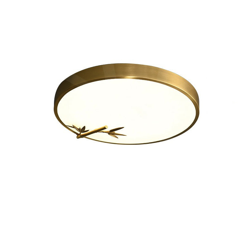 Traditional Chinese Brass Acrylic Round Bamboo Leaf LED Flush Mount Ceiling Light For Bedroom