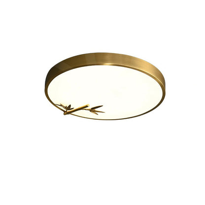 Traditional Chinese Brass Acrylic Round Bamboo Leaf LED Flush Mount Ceiling Light For Bedroom