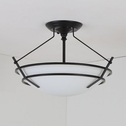 Contemporary Retro Metal Glass Bowl Skeleton Carving 3-Light Semi-Flush Mount Ceiling Light For Hallway