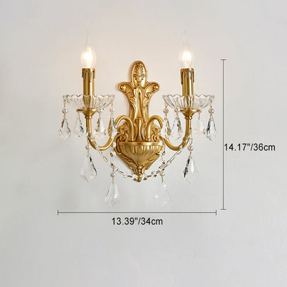 Traditional French Brass Crystal Glass Candlestick 1/2 Light Wall Sconce Lamp For Hallway