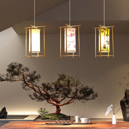 Traditional Chinese Bamboo PVC Iron Cylinder Lantern Flower Bird 1-Light Pendant Light For Dining Room