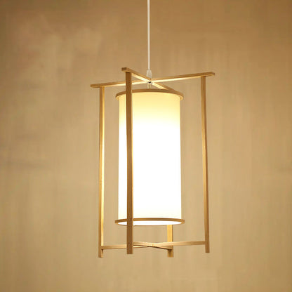 Traditional Chinese Bamboo PVC Iron Cylinder Lantern Flower Bird 1-Light Pendant Light For Dining Room