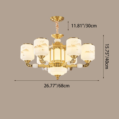Traditional Chinese Copper Jade Glass Cylinder Temple Landscape Carving 6/8/10/12/15/18 Light Chandeliers For Living Room