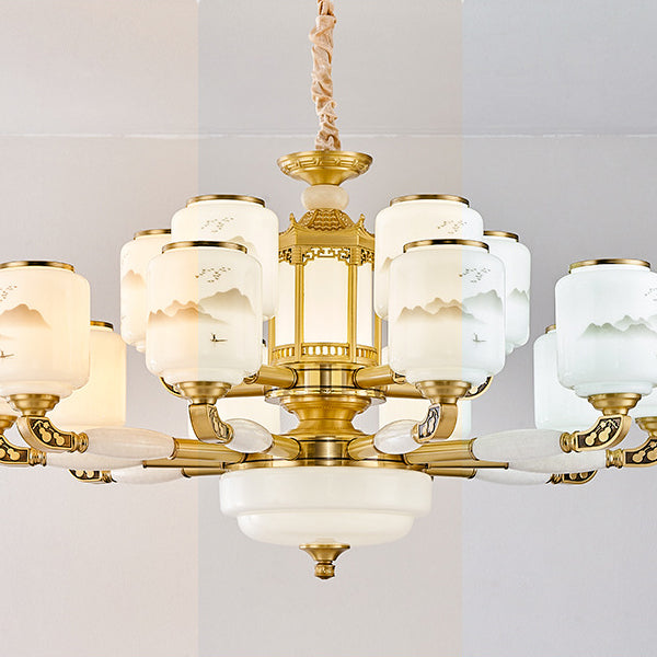 Traditional Chinese Copper Jade Glass Cylinder Temple Landscape Carving 6/8/10/12/15/18 Light Chandeliers For Living Room