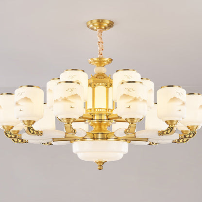 Traditional Chinese Copper Jade Glass Cylinder Temple Landscape Carving 6/8/10/12/15/18 Light Chandeliers For Living Room