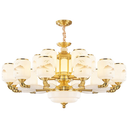 Traditional Chinese Copper Jade Glass Cylinder Temple Landscape Carving 6/8/10/12/15/18 Light Chandeliers For Living Room