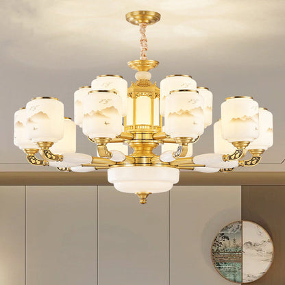 Traditional Chinese Copper Jade Glass Cylinder Temple Landscape Carving 6/8/10/12/15/18 Light Chandeliers For Living Room
