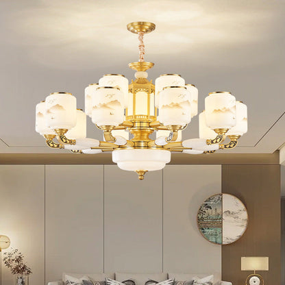 Traditional Chinese Copper Jade Glass Cylinder Temple Landscape Carving 6/8/10/12/15/18 Light Chandeliers For Living Room