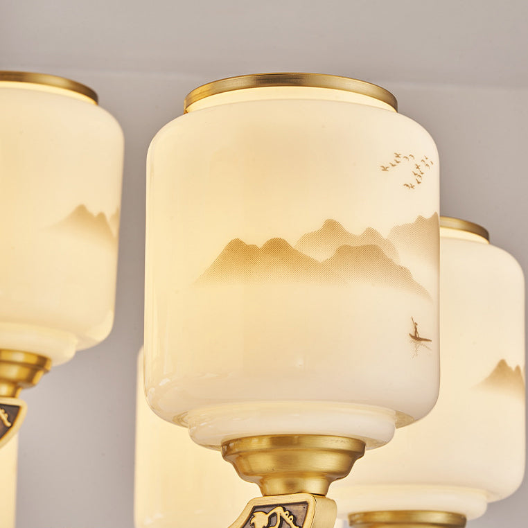 Traditional Chinese Copper Jade Glass Cylinder Temple Landscape Carving 6/8/10/12/15/18 Light Chandeliers For Living Room