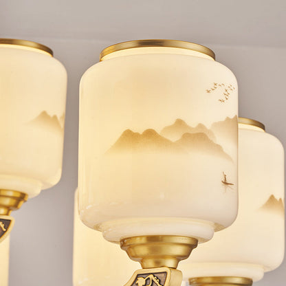 Traditional Chinese Copper Jade Glass Cylinder Temple Landscape Carving 6/8/10/12/15/18 Light Chandeliers For Living Room
