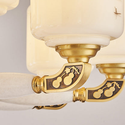 Traditional Chinese Copper Jade Glass Cylinder Temple Landscape Carving 6/8/10/12/15/18 Light Chandeliers For Living Room