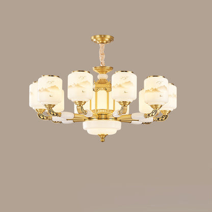 Traditional Chinese Copper Jade Glass Cylinder Temple Landscape Carving 6/8/10/12/15/18 Light Chandeliers For Living Room