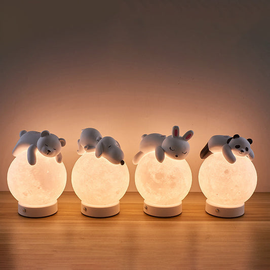 Contemporary Creative Rechargeable Iron Resin PLA Ball Moon Planet Bear Panda Rabbit LED Table Lamp Night Light For Bedside