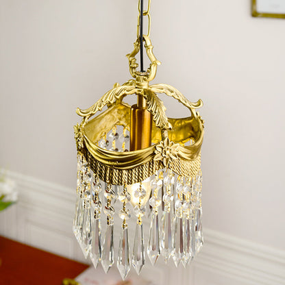 Traditional French Copper Crystal Crown Beads 1-Light Pendant Light For Bedroom