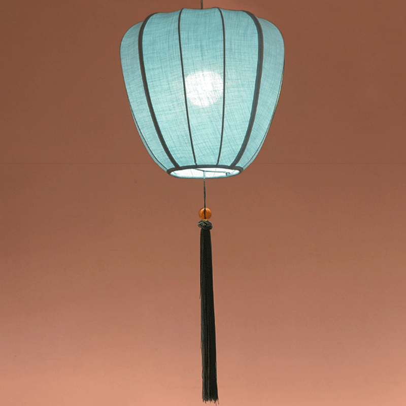 Traditional Chinese Iron Fabric Elliptical Cylinder Lantern Tassel Shaped 1/3 Light Chandeliers For Dining Room