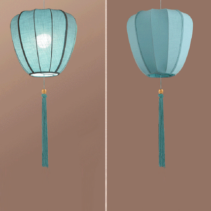 Traditional Chinese Iron Fabric Elliptical Cylinder Lantern Tassel Shaped 1/3 Light Chandeliers For Dining Room
