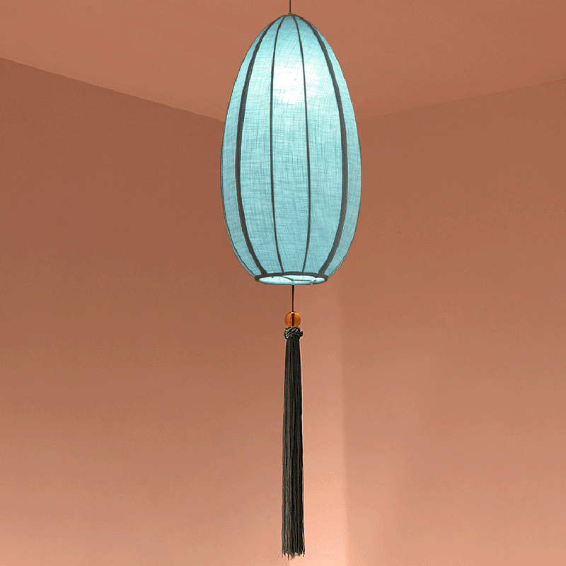 Traditional Chinese Iron Fabric Elliptical Cylinder Lantern Tassel Shaped 1/3 Light Chandeliers For Dining Room