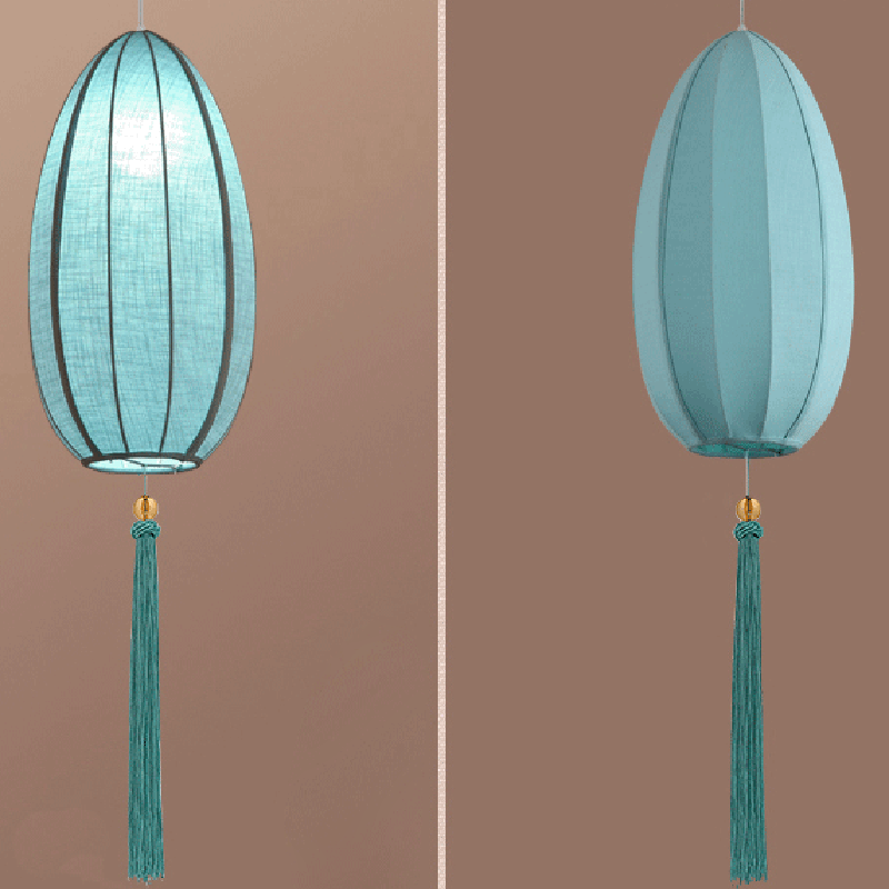 Traditional Chinese Iron Fabric Elliptical Cylinder Lantern Tassel Shaped 1/3 Light Chandeliers For Dining Room