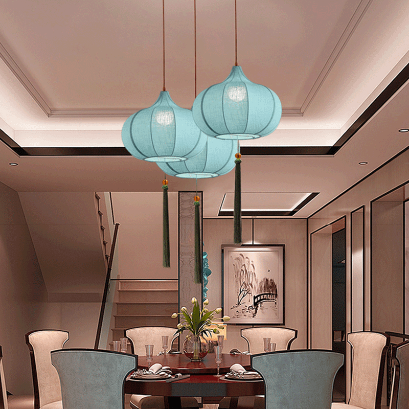 Traditional Chinese Iron Fabric Elliptical Cylinder Lantern Tassel Shaped 1/3 Light Chandeliers For Dining Room