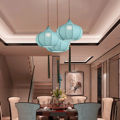 Traditional Chinese Iron Fabric Elliptical Cylinder Lantern Tassel Shaped 1/3 Light Chandeliers For Dining Room