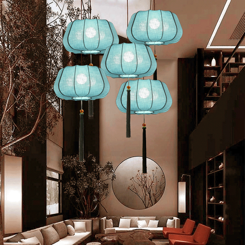 Traditional Chinese Iron Fabric Elliptical Cylinder Lantern Tassel Shaped 1/3 Light Chandeliers For Dining Room