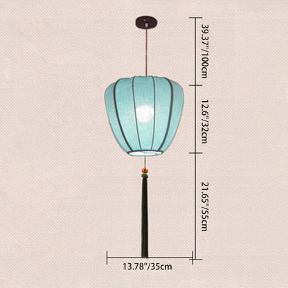 Traditional Chinese Iron Fabric Elliptical Cylinder Lantern Tassel Shaped 1/3 Light Chandeliers For Dining Room