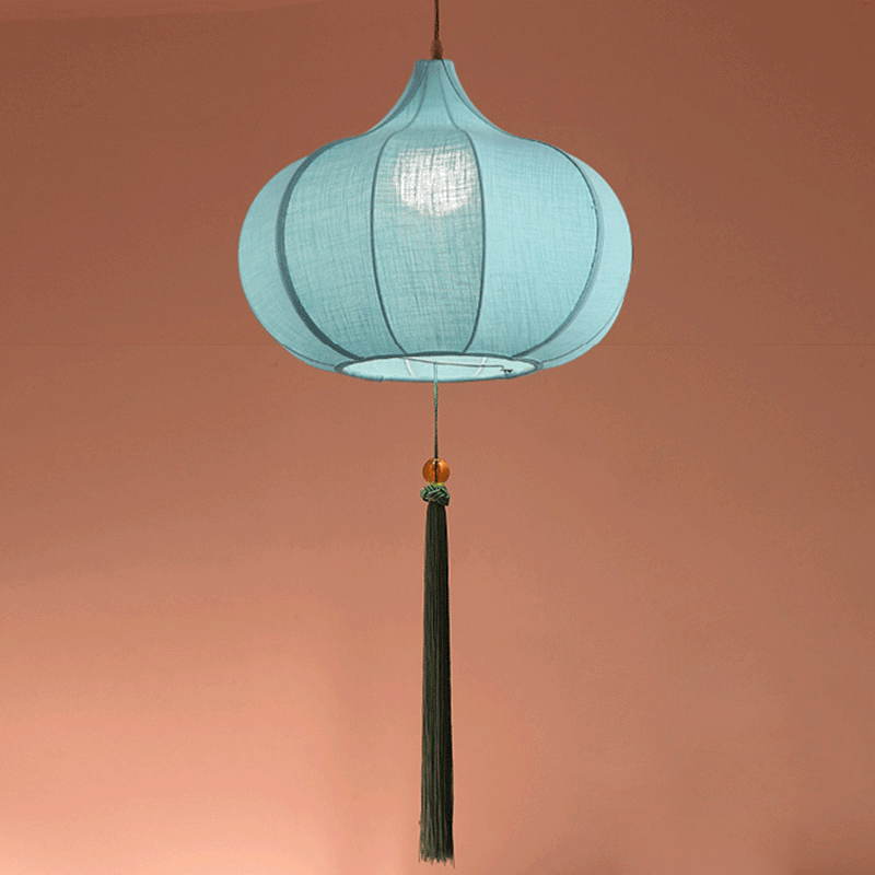Traditional Chinese Iron Fabric Elliptical Cylinder Lantern Tassel Shaped 1/3 Light Chandeliers For Dining Room