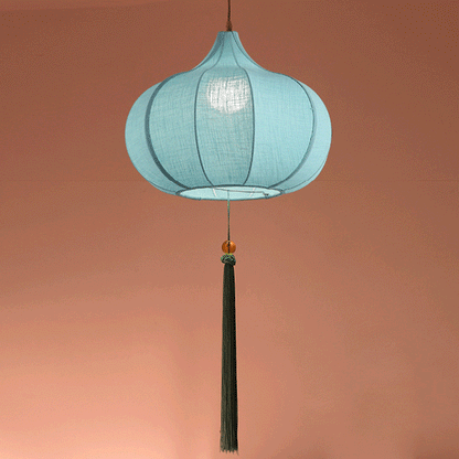 Traditional Chinese Iron Fabric Elliptical Cylinder Lantern Tassel Shaped 1/3 Light Chandeliers For Dining Room