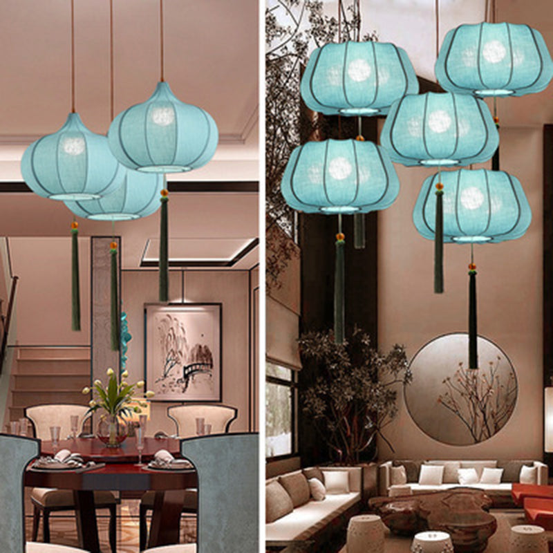 Traditional Chinese Iron Fabric Elliptical Cylinder Lantern Tassel Shaped 1/3 Light Chandeliers For Dining Room