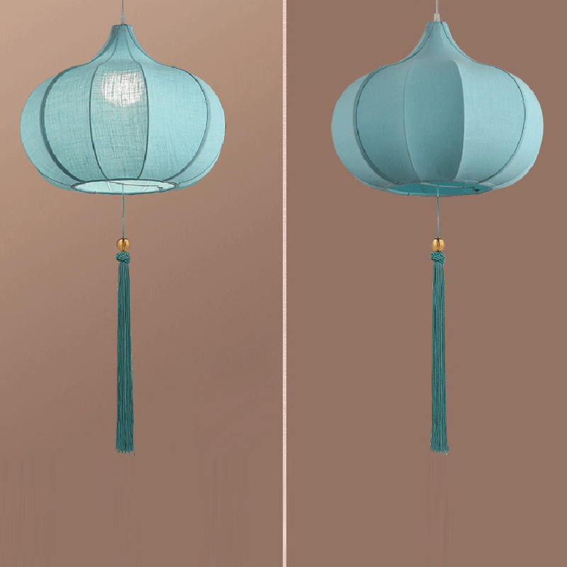 Traditional Chinese Iron Fabric Elliptical Cylinder Lantern Tassel Shaped 1/3 Light Chandeliers For Dining Room