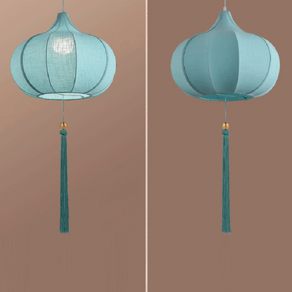 Traditional Chinese Iron Fabric Elliptical Cylinder Lantern Tassel Shaped 1/3 Light Chandeliers For Dining Room