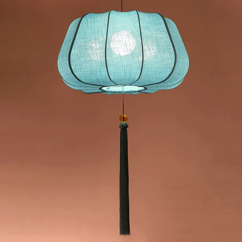 Traditional Chinese Iron Fabric Elliptical Cylinder Lantern Tassel Shaped 1/3 Light Chandeliers For Dining Room