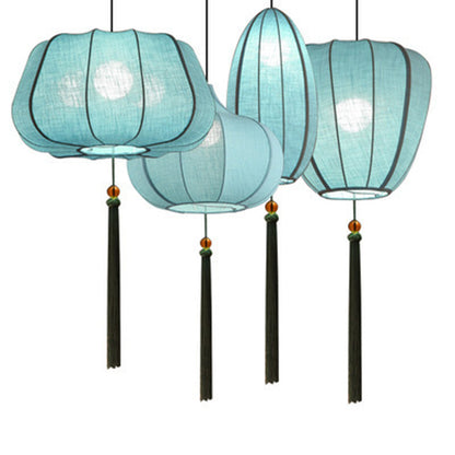 Traditional Chinese Iron Fabric Elliptical Cylinder Lantern Tassel Shaped 1/3 Light Chandeliers For Dining Room