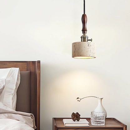 Traditional Japanese Travertine Wood Copper Aluminum Cylinder Liftable 1-Light Pendant Light For Bedside
