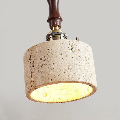 Traditional Japanese Travertine Wood Copper Aluminum Cylinder Liftable 1-Light Pendant Light For Bedside