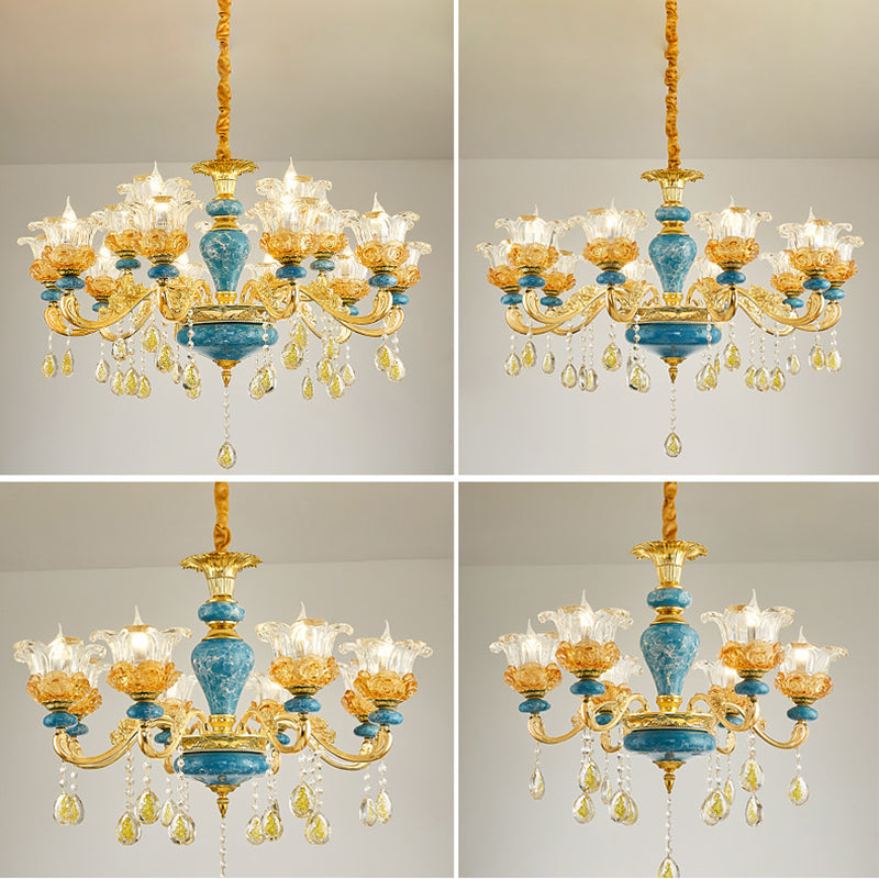 Traditional European Floral Column Relief Sculpture Zinc Alloy Ceramic Crystal Glass 6/8/10/12/15/18 Light Chandeliers For Living Room