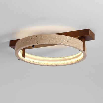 Contemporary Nordic Travertine Walnut Circle Rectangular Base LED Semi-Flush Mount Ceiling Light For Bedroom