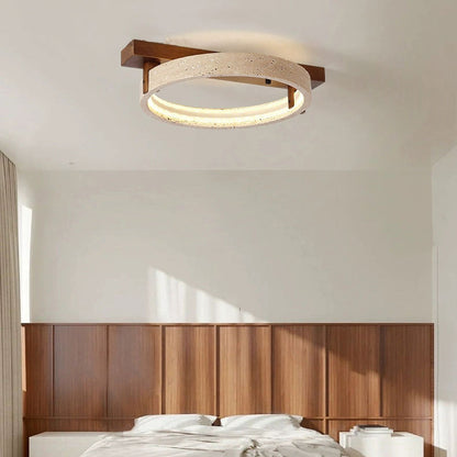 Contemporary Nordic Travertine Walnut Circle Rectangular Base LED Semi-Flush Mount Ceiling Light For Bedroom