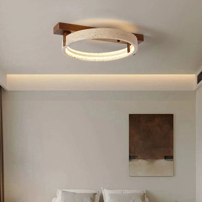 Contemporary Nordic Travertine Walnut Circle Rectangular Base LED Semi-Flush Mount Ceiling Light For Bedroom