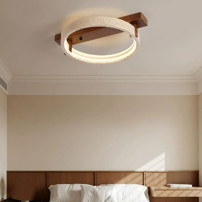 Contemporary Nordic Travertine Walnut Circle Rectangular Base LED Semi-Flush Mount Ceiling Light For Bedroom
