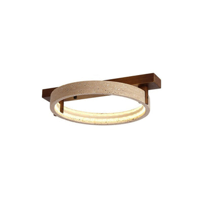 Contemporary Nordic Travertine Walnut Circle Rectangular Base LED Semi-Flush Mount Ceiling Light For Bedroom
