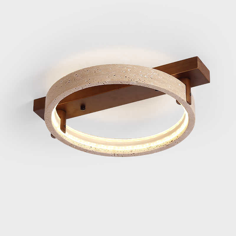 Contemporary Nordic Travertine Walnut Circle Rectangular Base LED Semi-Flush Mount Ceiling Light For Bedroom