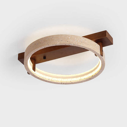 Contemporary Nordic Travertine Walnut Circle Rectangular Base LED Semi-Flush Mount Ceiling Light For Bedroom