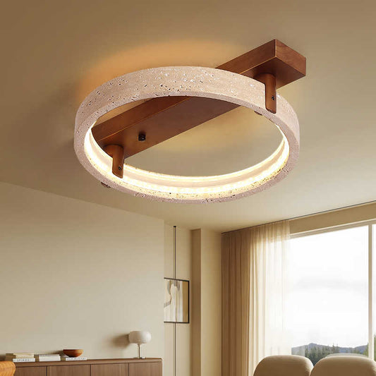 Contemporary Nordic Travertine Walnut Circle Rectangular Base LED Semi-Flush Mount Ceiling Light For Bedroom